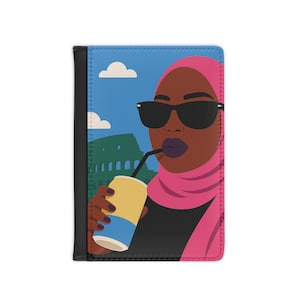 Funda para pasaporte, hiyab negra bebiendo refresco en Roma, billetera de viaje, portadocumentos, organizador de viajes internacionales, accesorios islámicos.