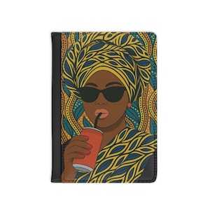 Passport Cover, African Travel Accessories, Gele Headwrap Nigerian Woman with Soda, Protective Case Holder, Ethnic Style Wallet, Travel Gift