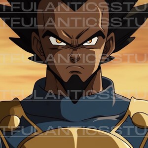 Puede incluir: Un retrato de primer plano de un personaje de anime negro con el pelo negro de punta, una expresi&oacute;n seria y ojos naranjas. El personaje lleva un atuendo azul y dorado con un cuello y hombreras doradas.