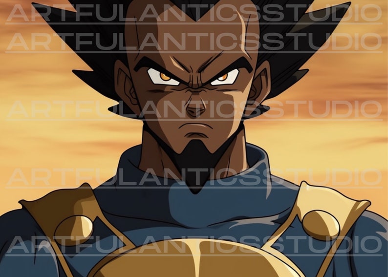 Puede incluir: Un retrato de primer plano de un personaje de anime negro con el pelo negro de punta, una expresi&oacute;n seria y ojos naranjas. El personaje lleva un atuendo azul y dorado con un cuello y hombreras doradas.