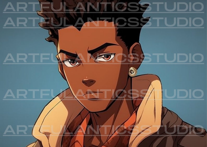 Puede incluir: Una ilustraci&oacute;n digital de un joven con el pelo corto y casta&ntilde;o oscuro. Tiene la piel morena, los ojos marrones y lleva una chaqueta marr&oacute;n sobre una camisa roja y blanca. Est&aacute; mirando directamente al espectador con una expresi&oacute;n seria.
