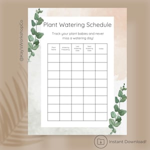 Puede incluir: Un calendario de riego de plantas imprimible con un fondo de acuarela y acentos de eucalipto. El calendario incluye secciones para el nombre de la planta, la frecuencia de riego, las fechas de riego anterior y siguiente y notas. El texto dice "Plant Watering Schedule".