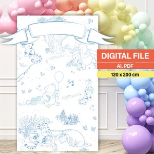 Peut inclure: Un fichier numérique pour une toile de fond sur le thème de Winnie l'ourson. La toile de fond est blanche avec des contours bleus de Winnie l'ourson et ses amis. La toile de fond mesure 120 x 200 cm. Le fichier est disponible aux formats AI et PDF.