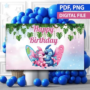 May include: A digital file banner with the words "Happy Birthday" in pink, featuring cartoon characters Stitch and Angel. The banner is decorated with tropical leaves and flowers, and is surrounded by blue balloons.