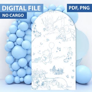 Puede incluir: Un archivo digital con una ilustración de Winnie the Pooh con el texto "DIGITAL FILE NO CARGO" y "PDF, PNG". La ilustración es en azul y blanco, con un arco de globos en el fondo.