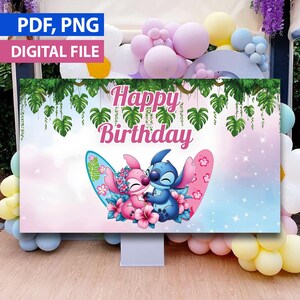 May include: A digital file banner with the text "Happy Birthday" and images of cartoon characters. The banner features a pink and blue color scheme with tropical leaf accents and the words "PDF, PNG DIGITAL FILE".