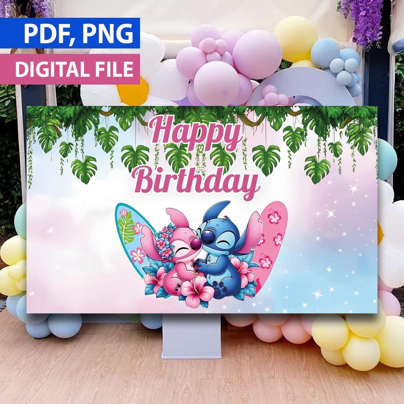 May include: A digital file banner with the text "Happy Birthday" and images of cartoon characters. The banner features a pink and blue color scheme with tropical leaf accents and the words "PDF, PNG DIGITAL FILE".