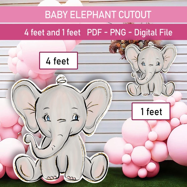 Recorte de elefante, archivo digital Elephant Big Decor, fiesta de cumpleaños de elefante, babyshower de elefante, 4 pies y 1 pie, PDF, PNG