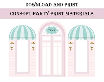 May include: Printable party decorations featuring three pink storefront facades with arched doorways, each with a green striped awning. The center facade has a white door with a sign that says "TEXT".