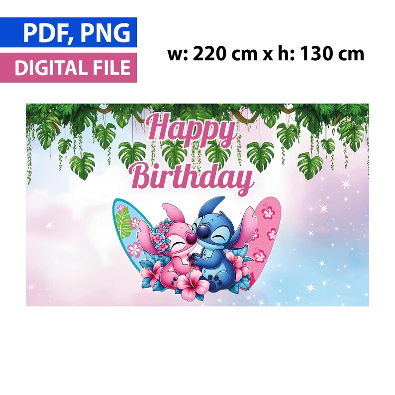 May include: A digital file featuring a colorful birthday-themed design. The image includes the text "Happy Birthday" and illustrations of cartoon characters. The background is a gradient of pink and blue, with dimensions of 220 cm wide by 130 cm high.