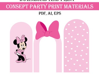 May include: Printable party favor boxes featuring a pink background with a Minnie Mouse character on one box, a pink bow on another box, and a pink background with white hearts on the third box. The text "DOWNLOAD AND PRINT CONCEPT PARTY PRINT MATERIALS PDF, AI, EPS" is at the top of the image.