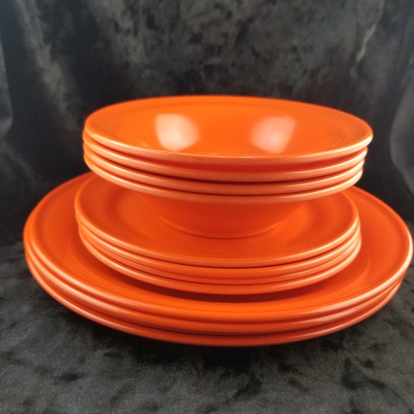 Vintage Duraware Dinner Plates, Bowls, Salad Plates set of 12 Made in Canada, Orange Duraware 353 Melamine Dinnerware Set - Made in Canada