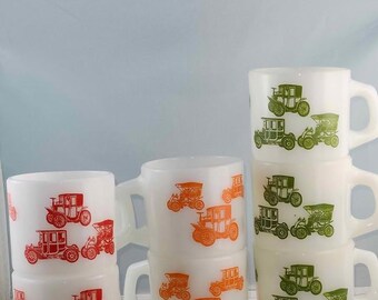 Anchor Hocking Fire-King Stackable Milk Glass Mugs with Antique Car Designs Fire-King Cups