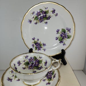 May include: A vintage teacup and saucer set with a delicate floral pattern. The set features a white background with purple and green violets and gold trim.