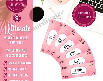 Printable Cash Placeholders| Prop Money For Cash Stuffing| Money Bundle for Cash Envelope| Cash Placeholder Set| Pink Cloud