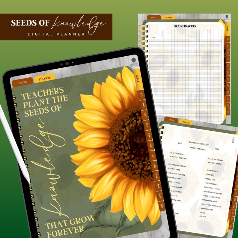 Digital Teacher Planner, Lesson Plan Notebook, Academic Planner Seeds of Knowledge Sunflower