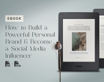 Könnte beinhalten: Ein Kindle E-Reader zeigt das Cover eines E-Books mit dem Titel "How to Build a Powerful Personal Brand & Become a Social Media Influencer". Das Cover zeigt eine blaue und grüne Landschaft mit einem felsigen Ufer.