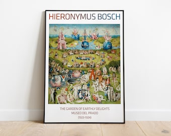 Pode incluir: Um pôster com uma pintura de Hieronymus Bosch intitulada "O Jardim das Delícias Terrenas". A pintura representa uma paisagem fantástica com inúmeras figuras e criaturas. O pôster inclui o título da pintura, o nome do artista e o museu onde se encontra, o Museo del Prado, juntamente com a data de criação, 1503-1504.