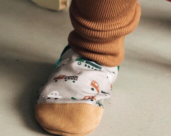 Car Print Barefoot Toddler Moccasins | Vehicle Soft Sole Shoes | Non-Slip Brown Baby Boy shoes