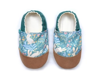 Forest Bunny Slippers | Rabbit & Floral Girls Shoes | Woodland Animal Moccasins | Teal Nursery Footwear | Shoes for 1 year old