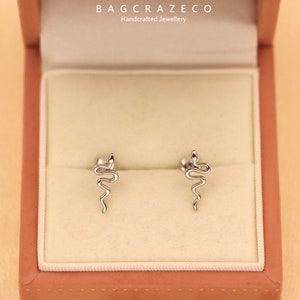 Könnte beinhalten: Ein Paar silberne Schlangen-Ohrstecker in einer kleinen, hellrosa Box. Die Box trägt den Text "BAGCRAZECO Handcrafted Jewellery" auf der Oberseite.