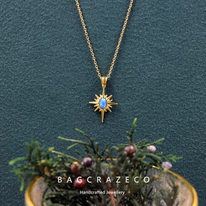 Fire Opal Starburst Necklace in Sterling Silver, Blue Opal Star Pendant Necklace, Crystal Star Necklace, Birthstone