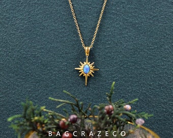 Fire Opal Starburst Necklace in Sterling Silver, Blue Opal Star Pendant Necklace, Crystal Star Necklace, Birthstone