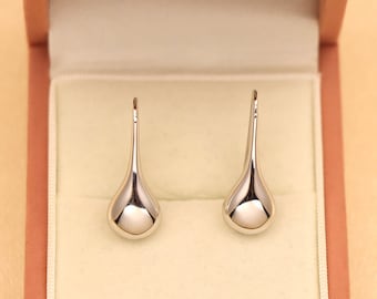 Sterling Silver 925 Solid Classic Puffed Teardrop Hook Dangle Earrings Women