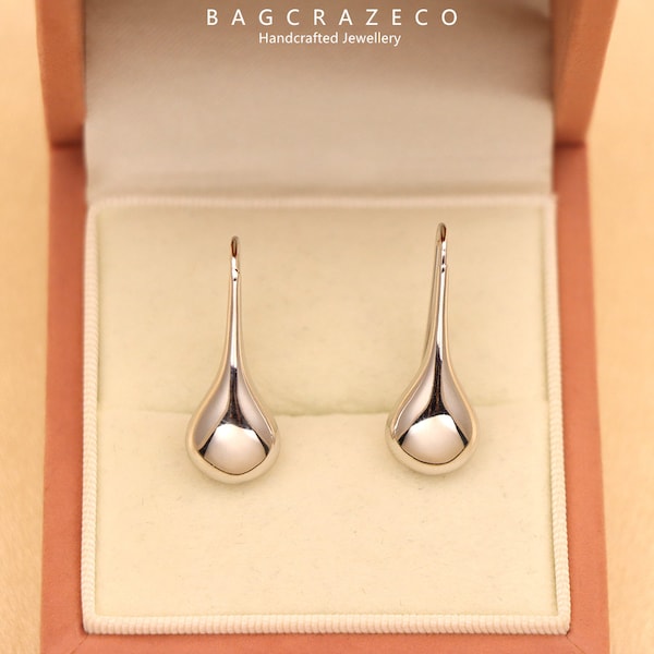 Sterling Silver 925 Solid Classic Puffed Teardrop Hook Dangle Earrings Women