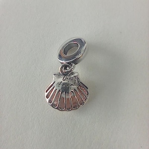Pode incluir: Um berloque prateado com um design de concha. O berloque tem uma argola na parte superior para prender a uma pulseira ou colar. A concha é detalhada com linhas e tem um interior rosa. As palavras "One of a Kind" estão inscritas no berloque.