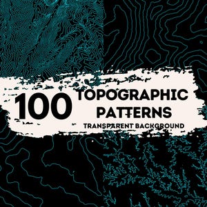 Pode incluir: Design gráfico digital com quatro painéis de padrões topográficos turquesa sobre fundo preto. A imagem inclui o texto "100 TOPOGRAPHIC PATTERNS TRANSPARENT BACKGROUND" em um design branco e preto.