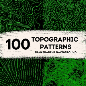 Może przedstawiać: Cyfrowy projekt graficzny przedstawiający 100 wzorów topograficznych z przezroczystym tłem. Wzory są neonowo-zielone na czarnym tle. Tekst brzmi "100 TOPOGRAPHIC PATTERNS TRANSPARENT BACKGROUND".