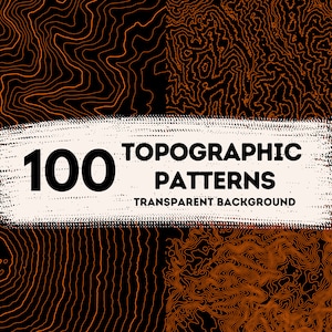 Puede incluir: Imagen que presenta 100 patrones topográficos con fondo transparente. Los patrones son en naranja y negro, con líneas de contorno. El texto "100 TOPOGRAPHIC PATTERNS TRANSPARENT BACKGROUND" se muestra sobre un fondo blanco texturizado.