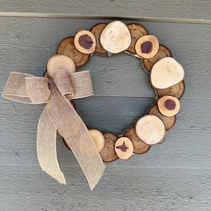 Wood Slice Wreath with Bow Cabin Decor  Farmhouse Home Decor Home Gift Rustic Wreath Housewarming Gift Mixed Wood Slices FREE SHIPPING