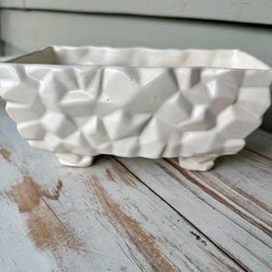 Vintage McCoy White Ceramic Rectangular Planter - Mid Century Modern Geometric Rock Face Plant Holder