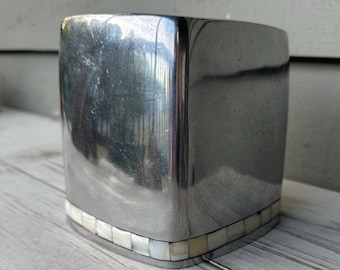 Mid-Century Modern Metal Tissue Box Cover with Mother of Pearl Inlay – Vintage Indian Decor
