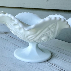 Vintage Milk Glass Compote Bowl: Cosmos Pattern, Anchor Hocking