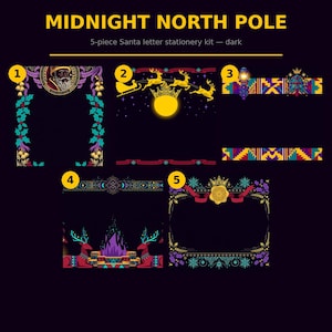 May include: A 5-piece Midnight North Pole stationery kit featuring dark backgrounds with festive illustrations. Designs include Santa, reindeer, a sleigh, a moon, a Christmas tree, a campfire, and decorative borders with holly and snowflakes.