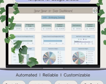 May include: A digital bookkeeping template for Google Sheets, displayed on a laptop screen. The template includes a dashboard with charts and financial summaries. Text on the screen reads "Simple Small Business Bookkeeping Template for Google Sheets" and "Your Year-to-Date Dashboard."