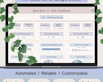 May include: A digital dashboard on a laptop screen displays a bookkeeping template for small businesses. The template includes sections for revenue, expenses, and sales tax. Text at the top reads "Small Business Bookkeeping Template with Sales Tax for Google Sheets."