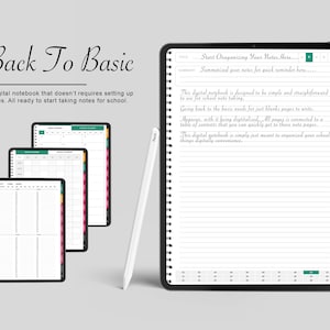 Puede incluir: Un cuaderno digital con el texto "Back To Basic". La imagen muestra una tableta con un cuaderno digital abierto, un lápiz óptico y otras tres tabletas con diferentes diseños de cuaderno. El cuaderno está diseñado para tomar notas escolares.