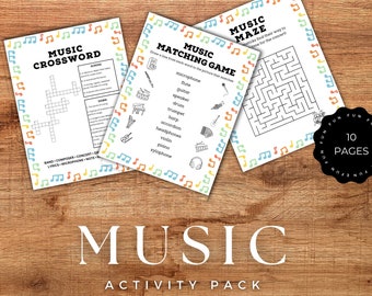 May include: A printable activity pack for children featuring music themed activities. The pack includes a crossword puzzle, a matching game, and a maze. The title of the pack is "Music Activity Pack" and the text "10 fun-filled music themed activity pages for children!" is also included.