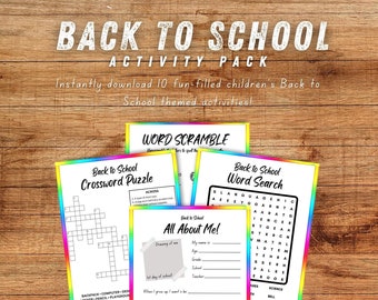 May include: A Back to School Activity Pack with various printable worksheets. The pack includes a crossword puzzle, word search, word scramble, and an "All About Me" worksheet. Each sheet has a colorful rainbow border and is set against a wooden background.