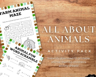 Kids Animal Worksheets, Animal Activity Pack for Kids, Downloadable Kids Animal Games, Digital Kids Animal Activity