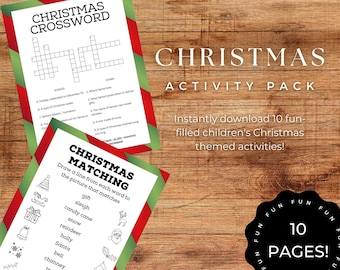 May include: Christmas activity pack with crossword and matching games. The pack includes 10 pages of fun, themed activities for children. The design features red and green borders with festive illustrations and text.