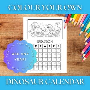 Dinosaur Colouring Calendar for Kids, Printable Calendar to Colour, Coloring Calendar PDF, Perpetual Colouring Calendar, Dinosaur Calendar