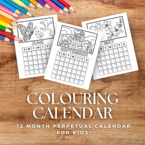12 Month Colouring Calendar for Kids, Printable Calendar to Colour, Cute Coloring Calendar PDF, Perpetual Colouring Calendar, Kids Colouring