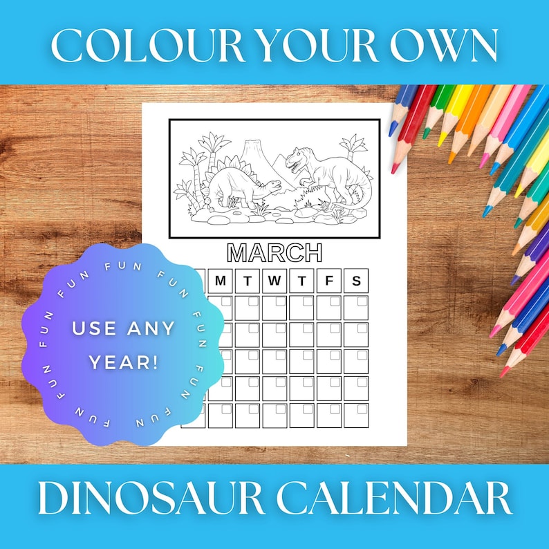 Dinosaur Colouring Calendar for Kids, Printable Calendar to Colour
