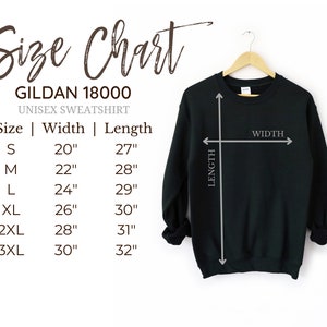 Może przedstawiać: Tabela rozmiar&oacute;w dla unisexowej bluzy Gildan 18000. Tabela pokazuje szerokość i długość w calach dla rozmiar&oacute;w S, M, L, XL, 2XL i 3XL.