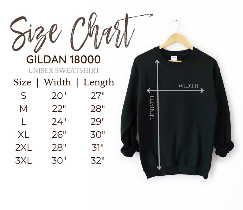 Może przedstawiać: Tabela rozmiar&oacute;w dla unisexowej bluzy Gildan 18000. Tabela pokazuje szerokość i długość w calach dla rozmiar&oacute;w S, M, L, XL, 2XL i 3XL.